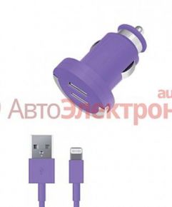 Зарядное устройство Deppa Colors 2 USB, 2,1A+кабель iPhone 5S, фиолет. (USB1 – 2.1A, USB2 - 1A)