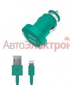 Зарядное устройство Deppa Colors 2 USB, 2,1A+кабель iPhone 5S, бирюза (USB1 – 2.1A, USB2 - 1A)