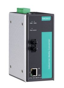 MOXA PTC-101-S-ST-LV   Промышленный конвертер Ethernet 10/100BaseTX в 100BaseFX (одномодовое оптоволокно, разъем ST), дублированный источник питания 2 MOXA