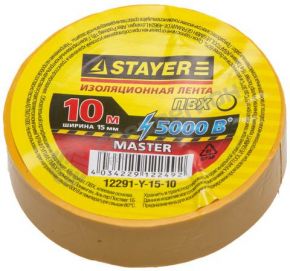 Изолента 12291-Y-15-10 STAYER "MASTER" желтая, Пвх, 5000 В, 15мм х 10м Stayer