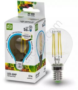 Упаковка ламп 10 шт ASD LED-ШАР-PREMIUM 5Вт 160-260В Е14 3000К 450Лм прозрачная ASD