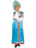 Русский народный костюм женский, атласный комплект голубой "Василиса": сарафан и блузка, XS-L  Тульские самовары