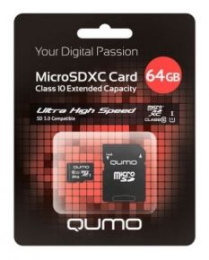 Карта памяти Qumo MicroSDXC 64GB Сlass 10 с адаптером SD UHS-1