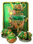 Набор самовар электрический 3 литра с художественной росписью "Рябина на зеленом фоне" с чайным сервизом, арт. 130412с Тула