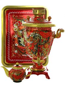 Набор самовар электрический 3 литра с художественной росписью "Хохлома на красном фоне мелкая", арт. 121032 Тула
