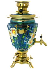 Набор самовар электрический 3 литра с художественной росписью "Ромашки на голубом фоне", арт. 121037 Тула