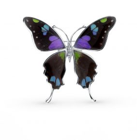Серебряная брошь с фианитами, эмалью и крыльями бабочки, 6 см SUNLIGHT